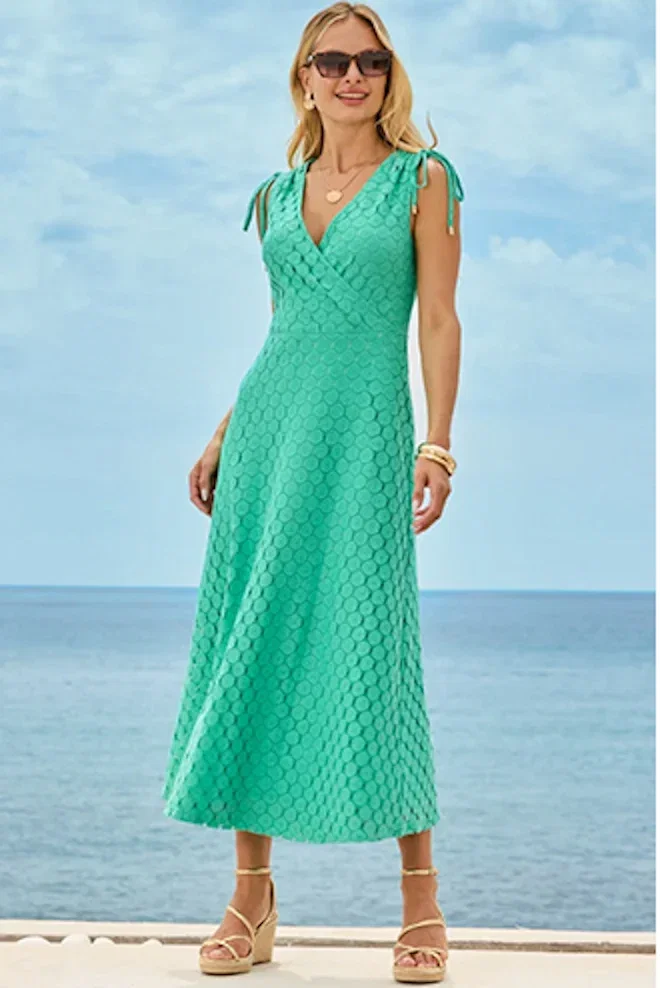 Green Crochet Tie Shoulder Midaxi Dress