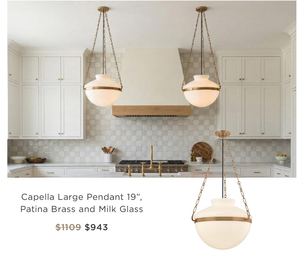 Capella Large Pendant 19”,  Patina Brass and Milk Glass