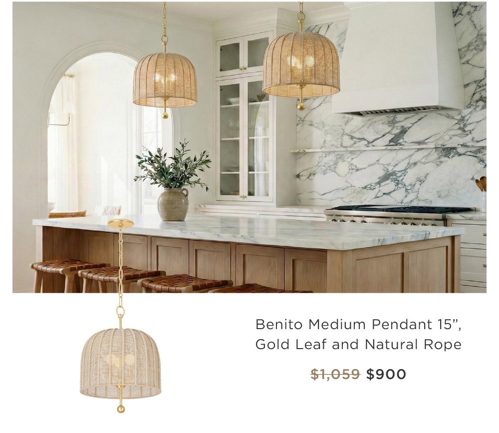 Benito Medium Pendant 15”,  Gold Leaf and Natural Rope