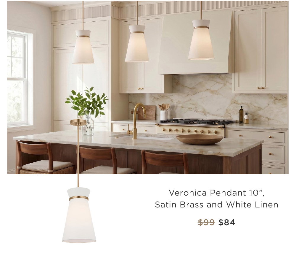 Veronica Pendant 10”,  Satin Brass and White Linen