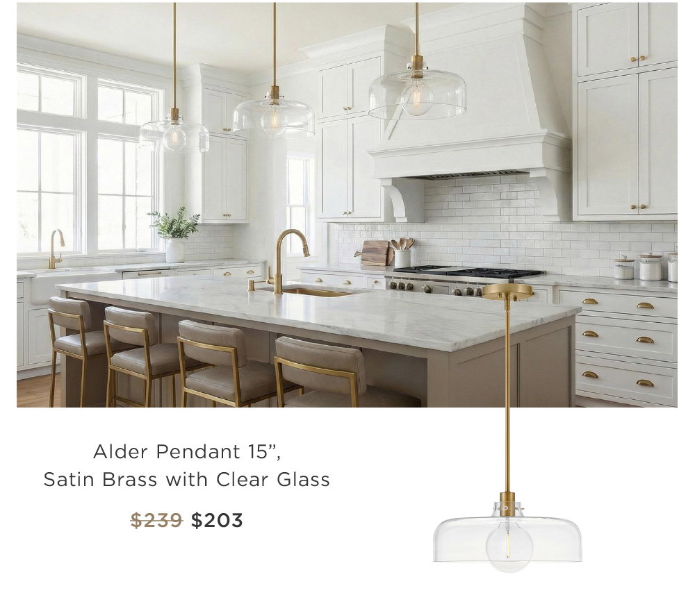 Alder Pendant 15”,  Satin Brass with Clear Glass