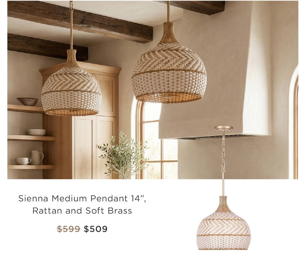 Sienna Medium Pendant 14”,  Rattan and Soft Brass