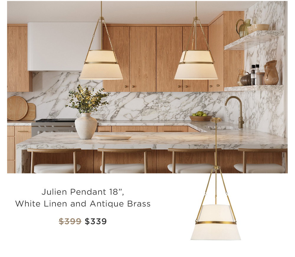 Julien Pendant 18”,  White Linen and Antique Brass