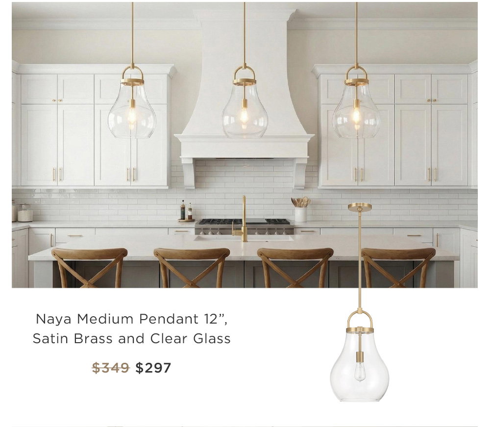 Naya Medium Pendant 12”,  Satin Brass and Clear Glass