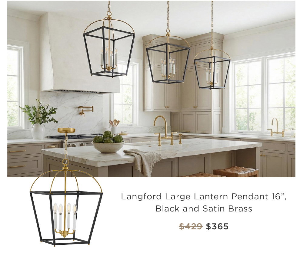 Langford Large Lantern Pendant 16”, Black and Satin Brass