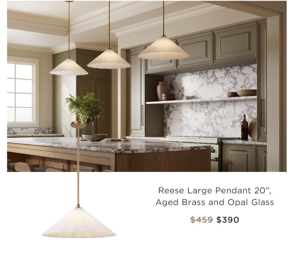 Reese Large Pendant 20”,  Aged Brass and Opal Glass