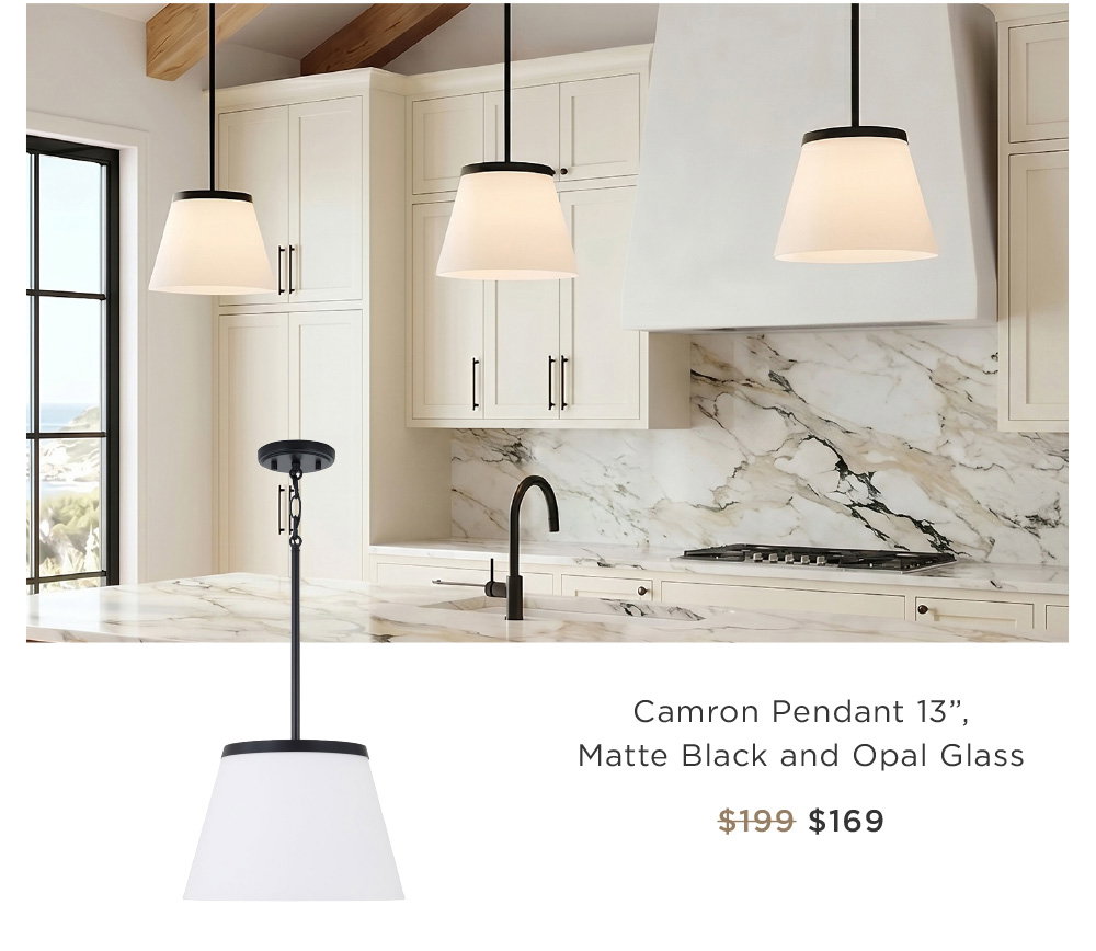 Camron Pendant 13”,  Matte Black and Opal Glass