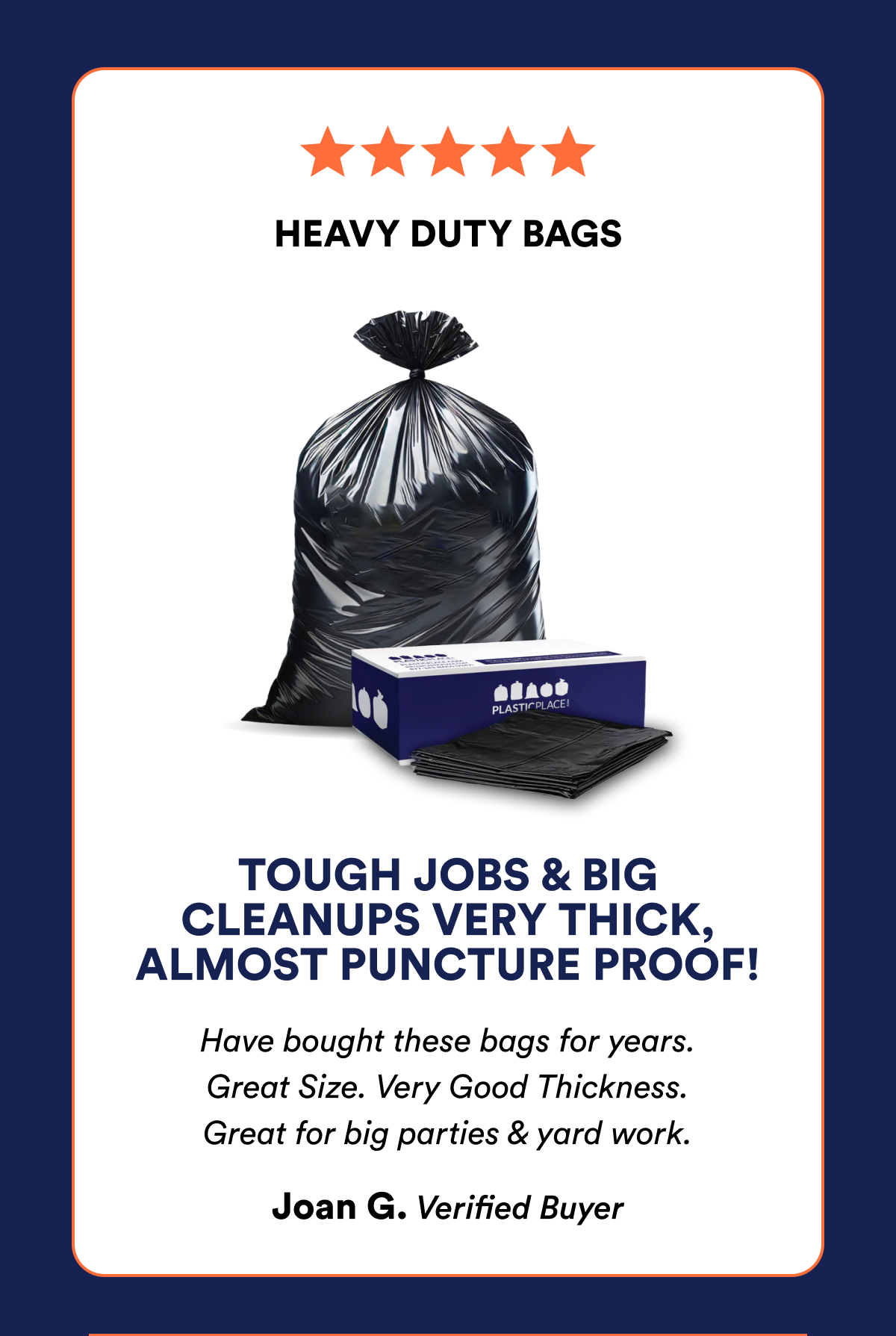 5 Star Review - Heavy duty bags - tough, thick, puncture proof.