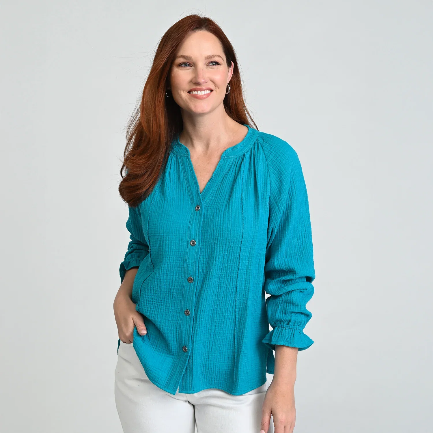 Image of Raw Edge Y Neck Button Front Shirt