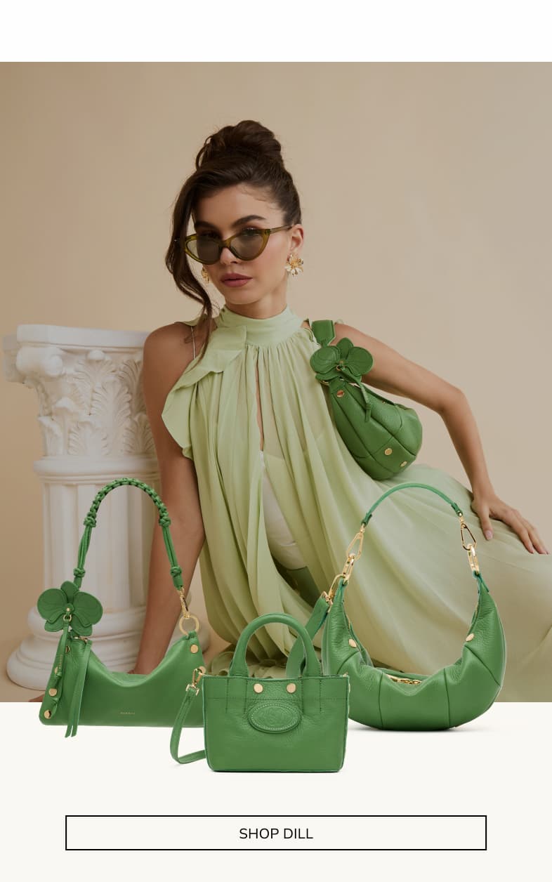 Model in green dress with erica sml in dill. CTA: shop dill. Also showing other bags in dill. 