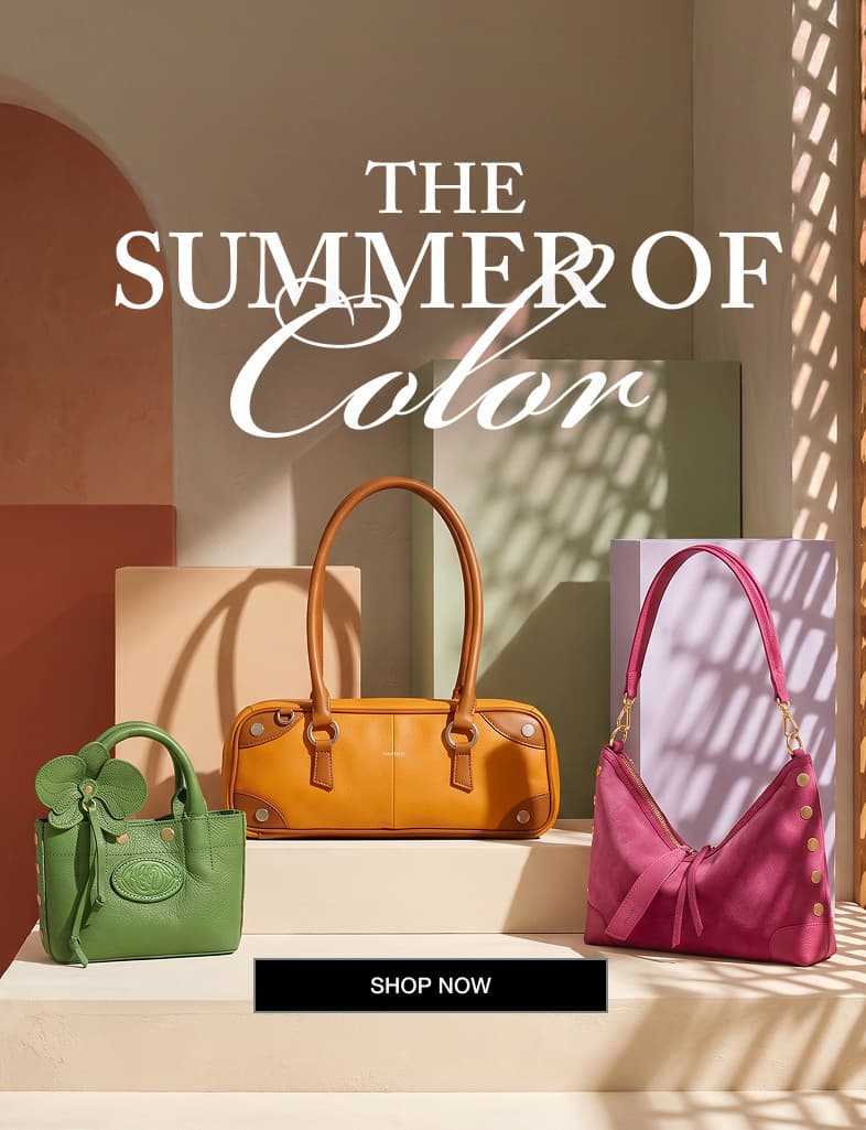The summer of color. CTA: Shop Now Howing Olympia mini in dill, meredith sml in tailored tangerine, and gracie in calypso suede.