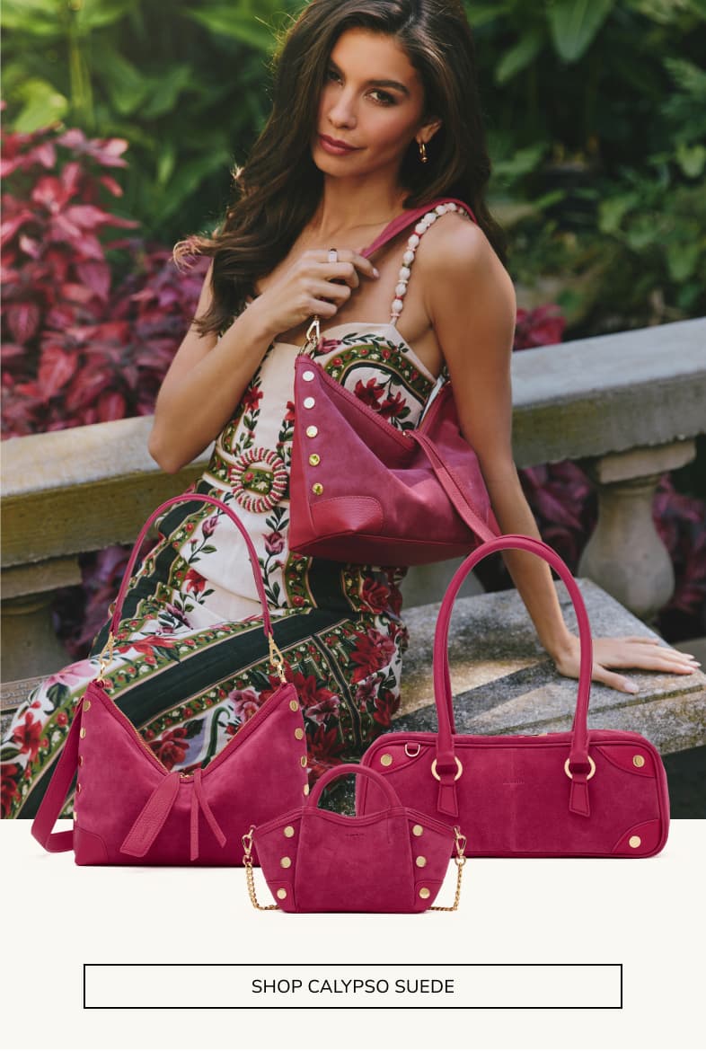 CTA: Shop Calypso suede. Model on bench with graice in calypso suded. Also shown other bags in calpso suede. 