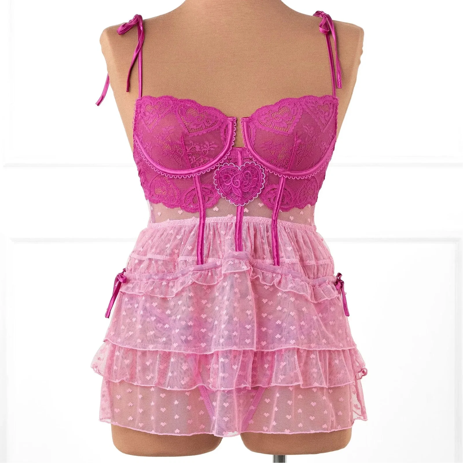 Image of Lacy Underwire Ruched Babydoll - Fuchsia