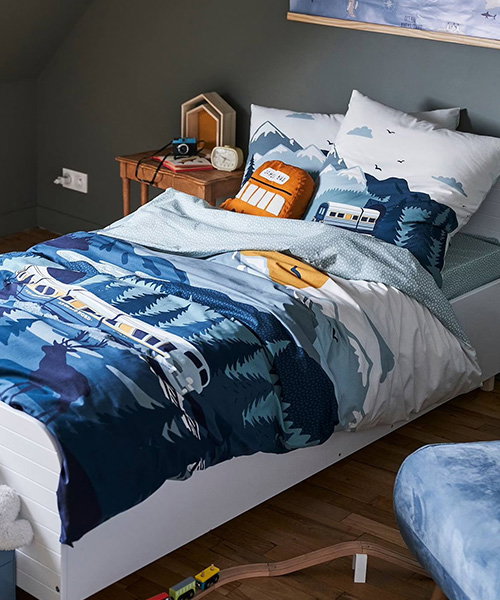 Children's Duvet Cover + Pillowcase Set, Sur les Rails - green