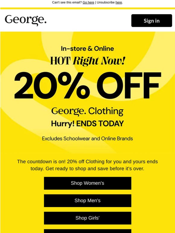 Ends Today: 20% Off George Clothing ⏰