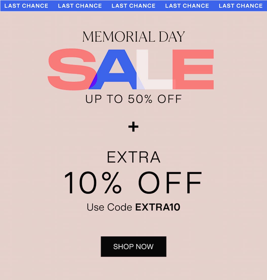 Up to 50% Off Memorial Day Sale + Extra 10% with code EXTRA10