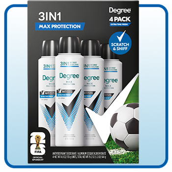 Degree Men's Max Protection 3 in 1 Fresh Dry Spray, 4.8 oz, 4-Pack