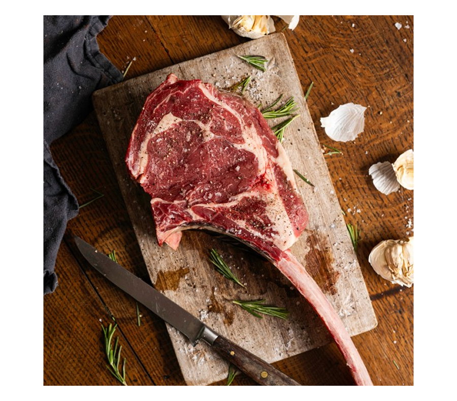 We are very excited to welcome Tomahawk Steaks to our collection for the first time. Cut from the rib of our carefully reared, 100% grass-fed cattle, this spectacular steak delivers exceptional depth of flavour, generous marbling and a rich, buttery texture. 