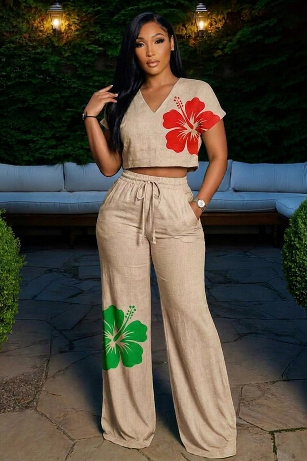 Floral V Neck Short Sleeve Crop Top Bootcut Pants 2pcs Set-Beige [Pre Order]