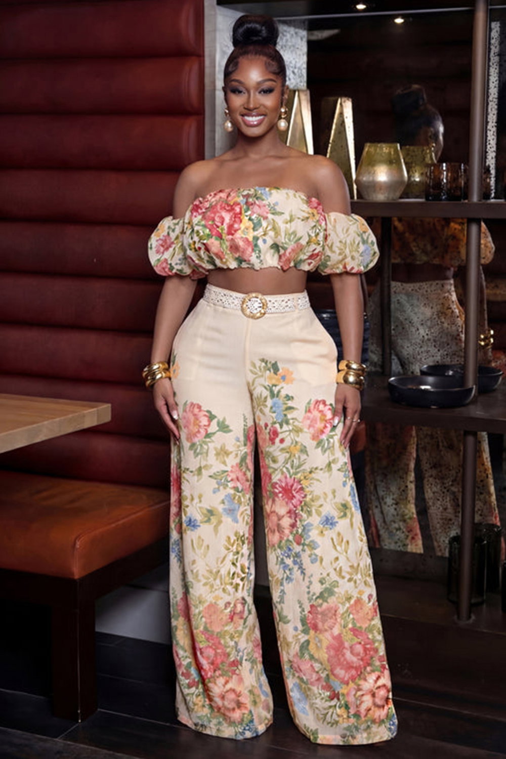 Floral Off Shoulder Crop Top Wide Leg Pants Casual 2pcs Set-Beige [Pre Order]