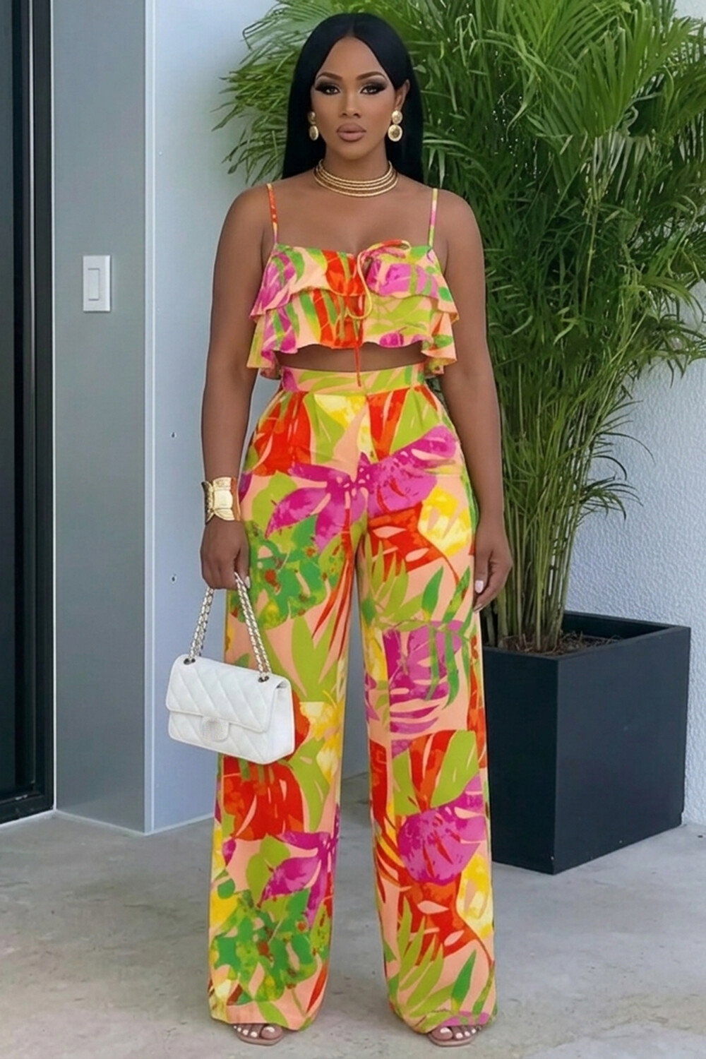 Cami Neck Ruffle Top Wide Leg Pants Vacation 2pcs Set-Multicolor