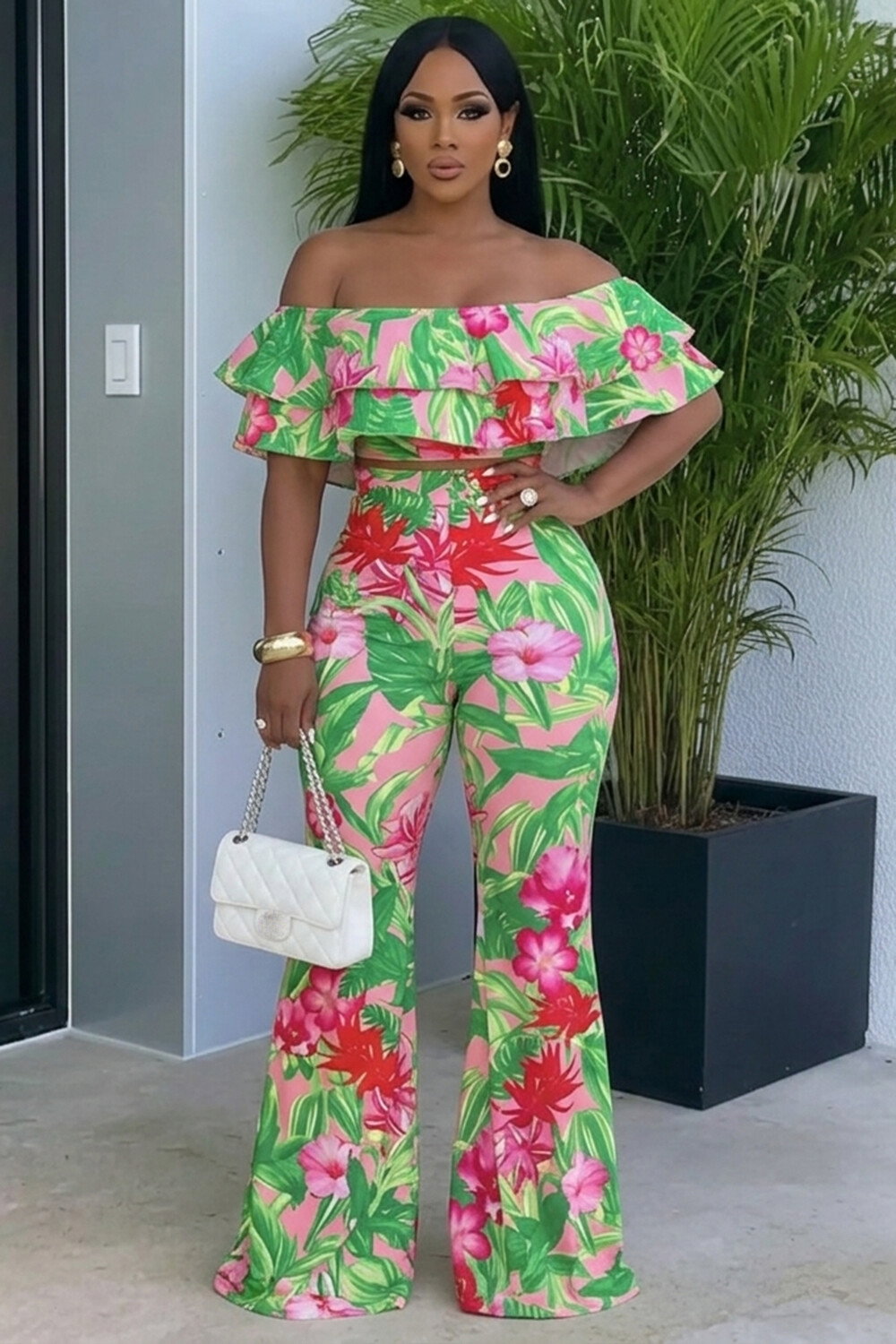 Floral Off Shoulder Top High Waist Pants Vacation 2pcs Set-Green [Pre Order]
