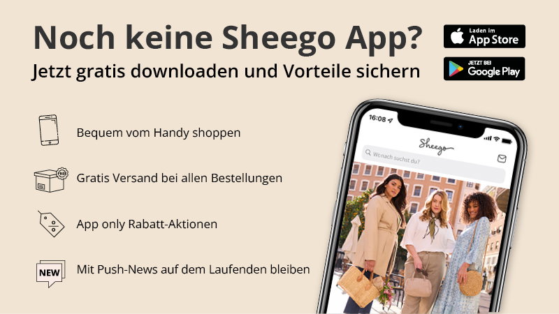Ein Werbebanner für die Sheego App, der alle Vorteile nennt. Außerdem sind die Logos vom App Store und Google Playstore abgebildet