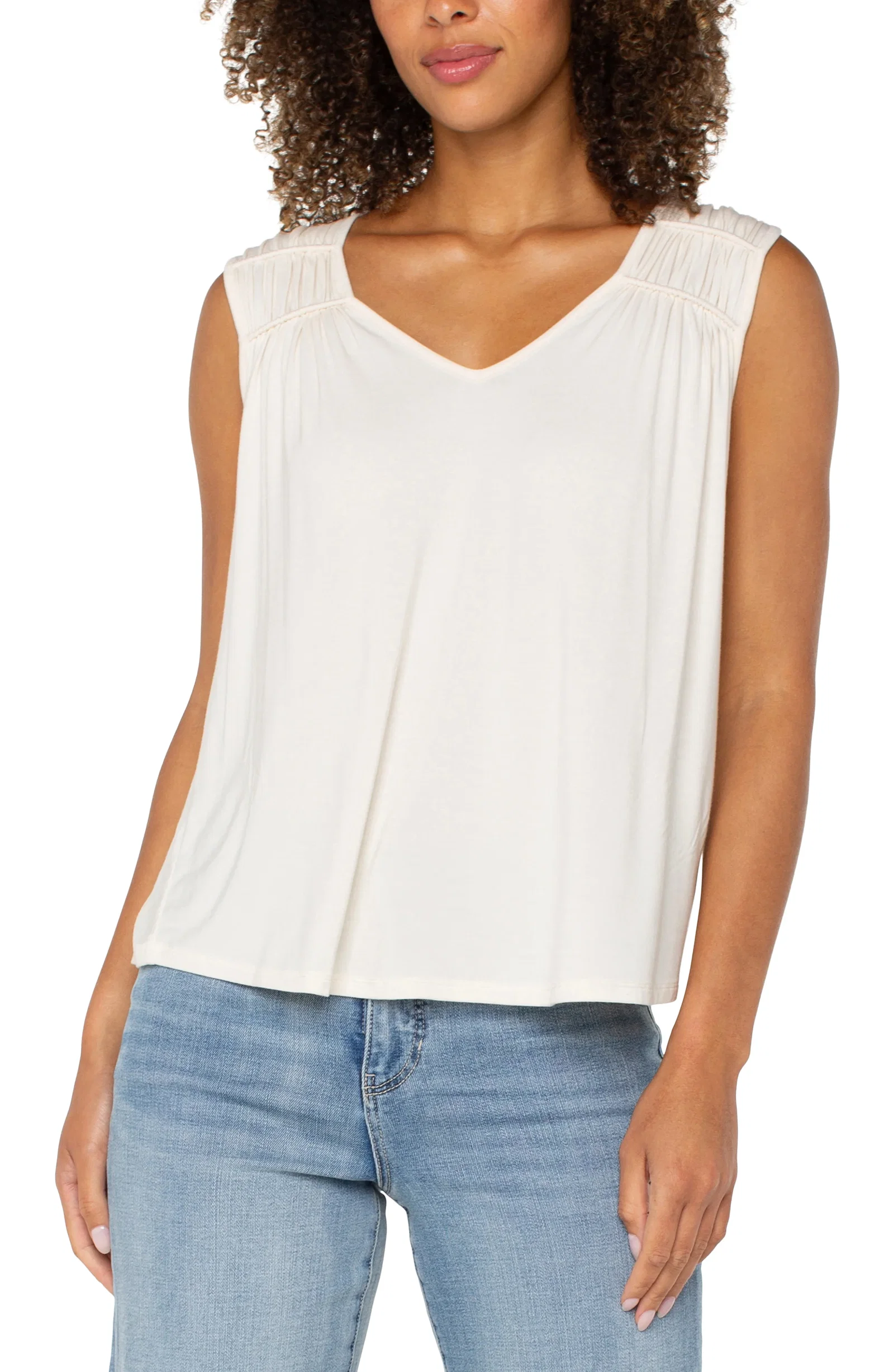 Image of SLEEVELESS SHIRRED DETAIL KNIT TOP
