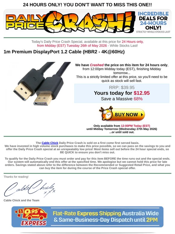 PRICE CRASH: 1m Premium DisplayPort 1.2 Cable (HBR2 - 4K@60Hz) - 68%