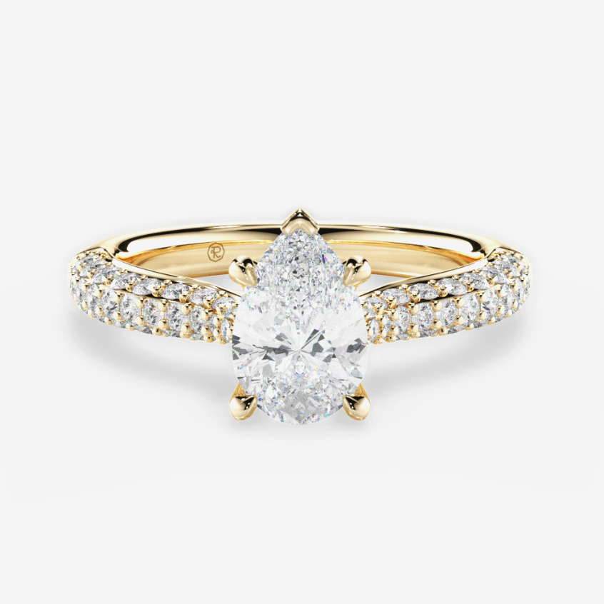 yellow gold three row pave diamond engagement ring with pear center