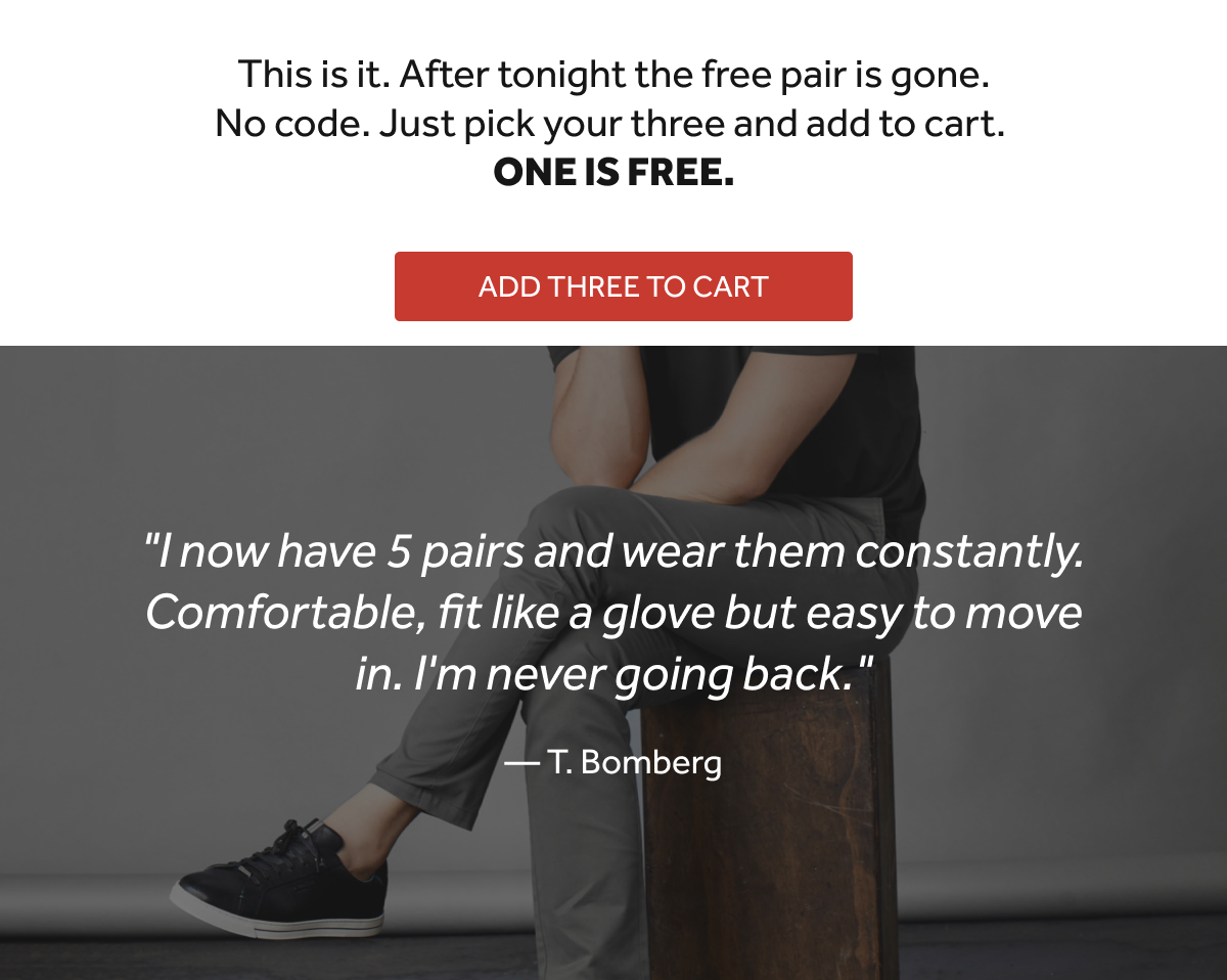 LAST CHANCE — BUY 2 CHINOS, GET 1 FREE. ENDS TONIGHT.