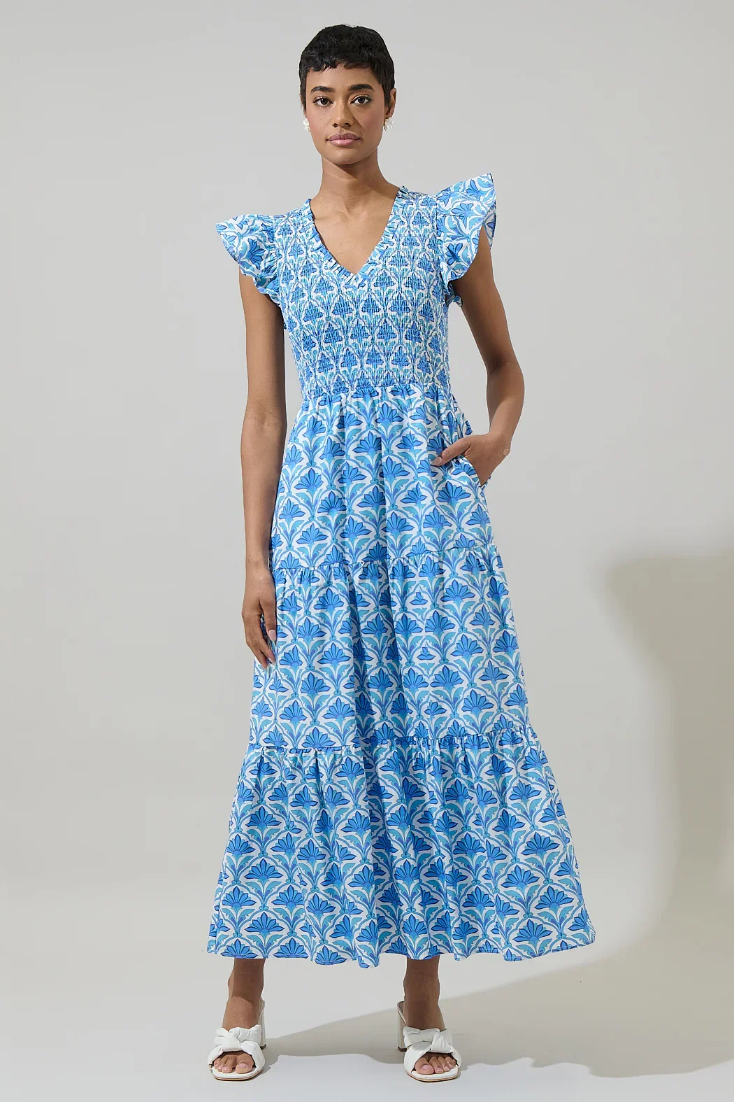 Image of Elyse Geo Sunfire Tiered Midi Dress