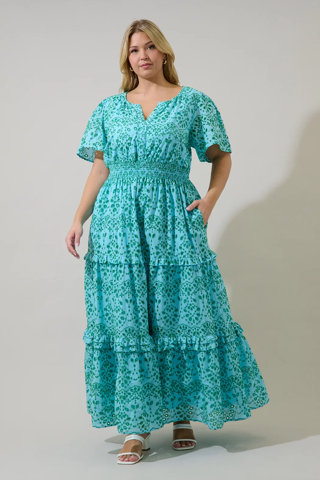 Image of Viridiana Eyelet Palmer Tiered Maxi Dress Curve
