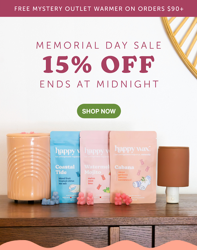 memorial day sale. 15% off ends at midnight. free mystery outlet warmer on orders $90+