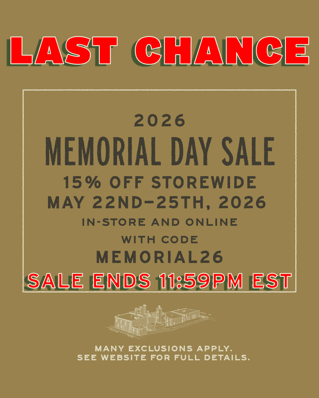 Memorial Day 2026 -15% off storewide with code MEMORIAL26. Exclusions apply.