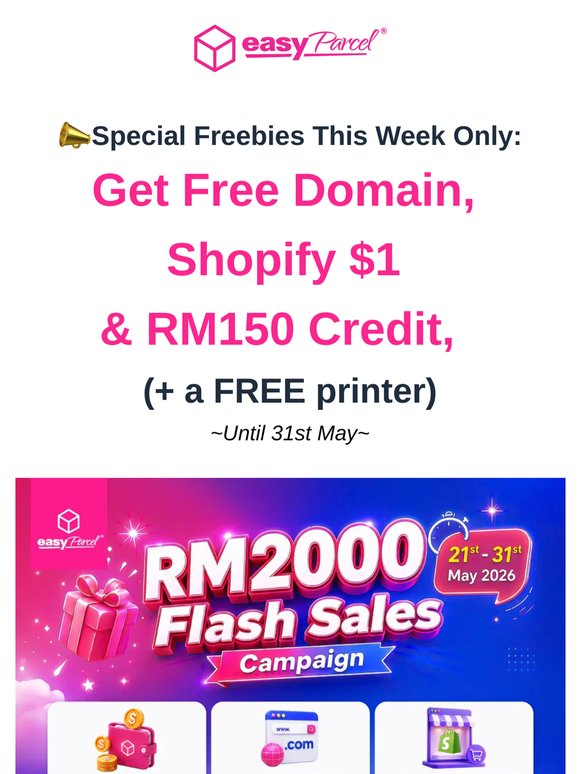 FREE Domain + Shopify $1 + RM150 Credit? Yes, Really.