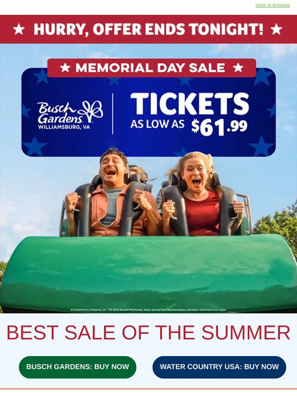Ends TONIGHT ⭐ Memorial Day Sale ⭐ Tickets as low as $61.99