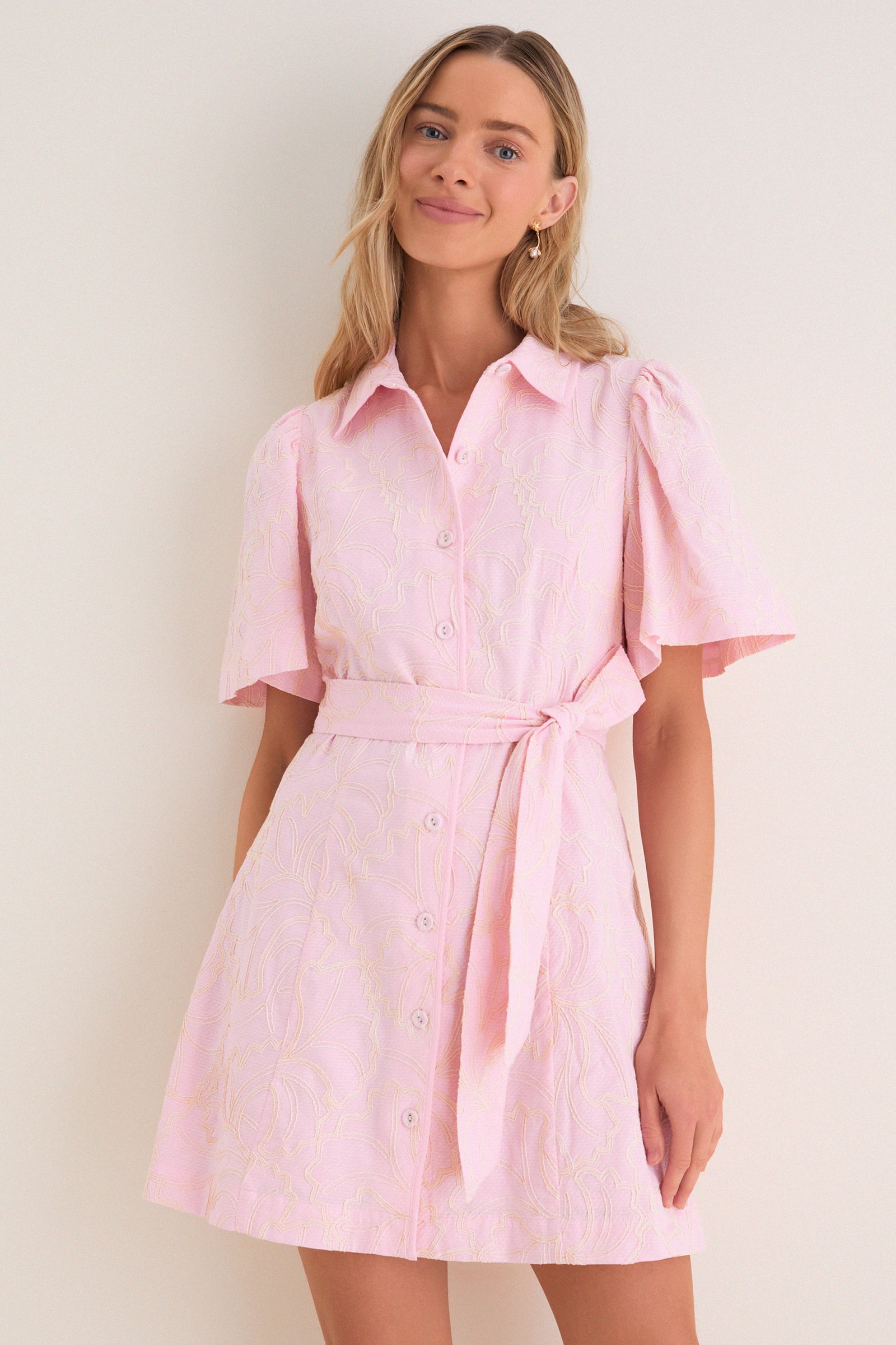 Image of Light Pink Embroidered Gingko Leaf Peppa Mini Dress