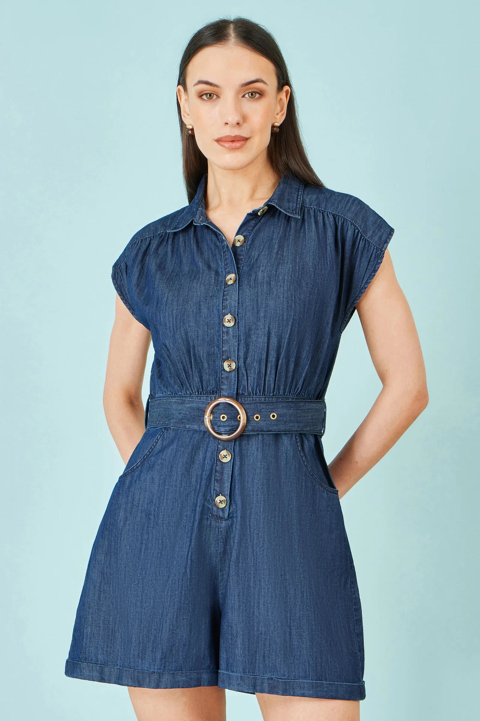 Yumi Blue Chambray Cotton Playsuit