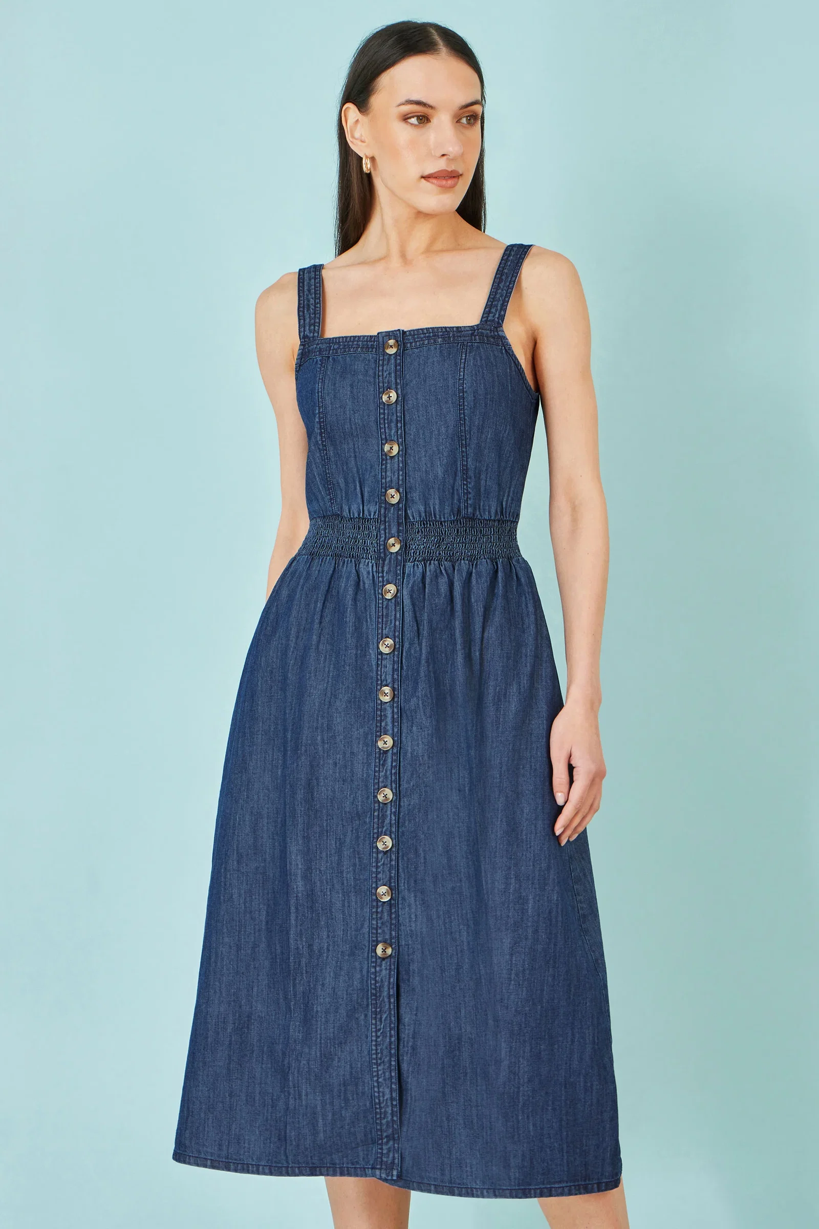 Yumi Blue Chambray Cotton Ruched Midi Sun Dress