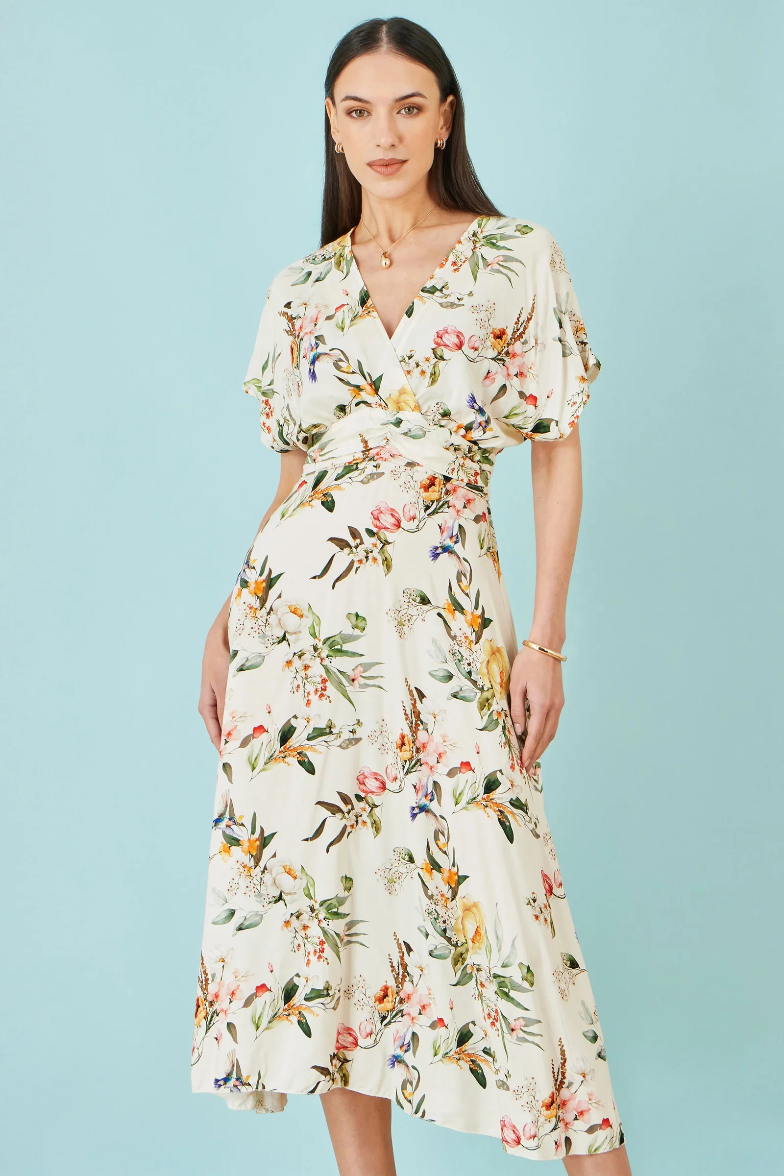 Yumi Ivory Viscose Floral Print Midi Dress With Ruched Waist