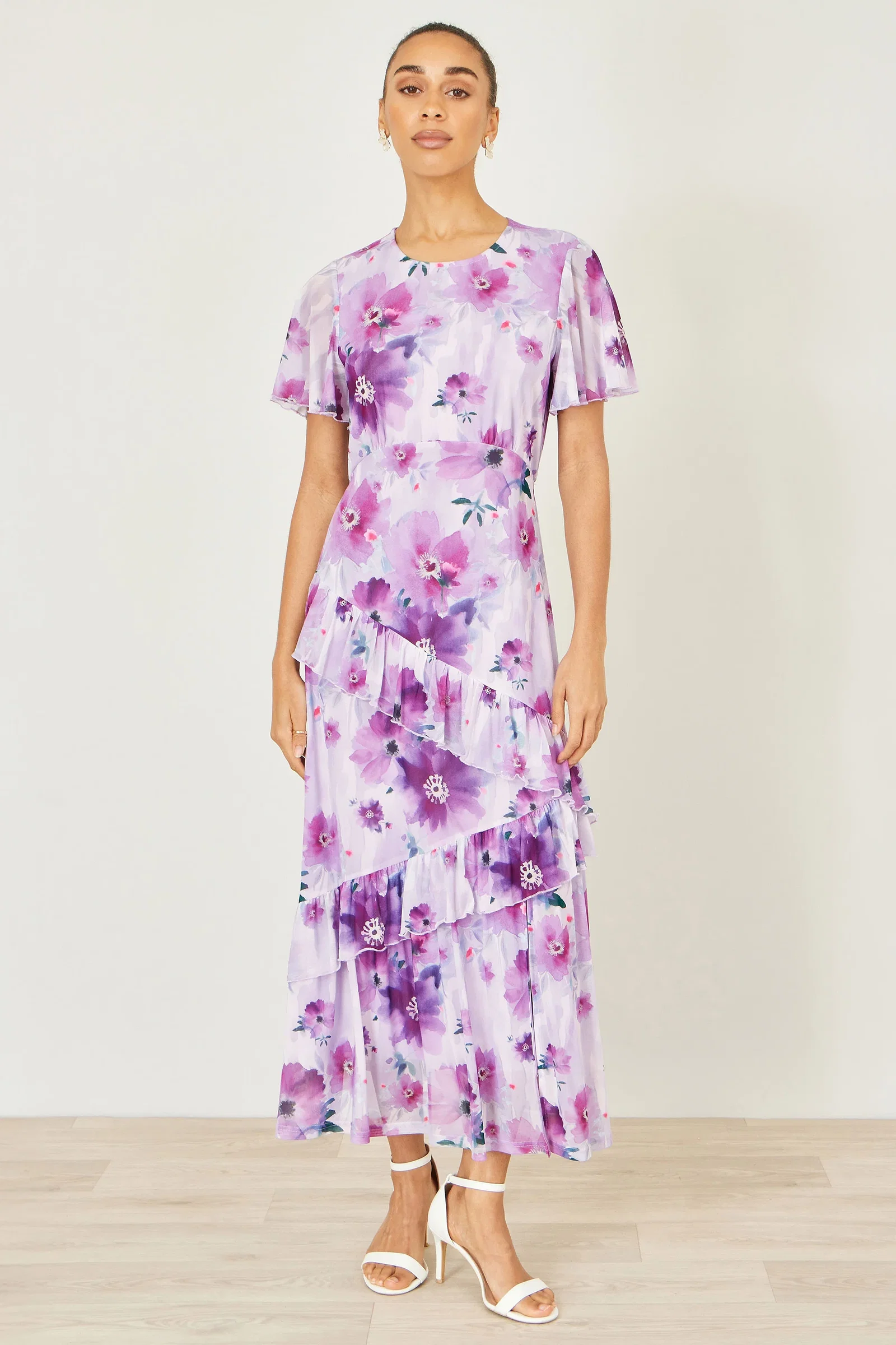Yumi Lavender Floral Print Frill Midi Dress