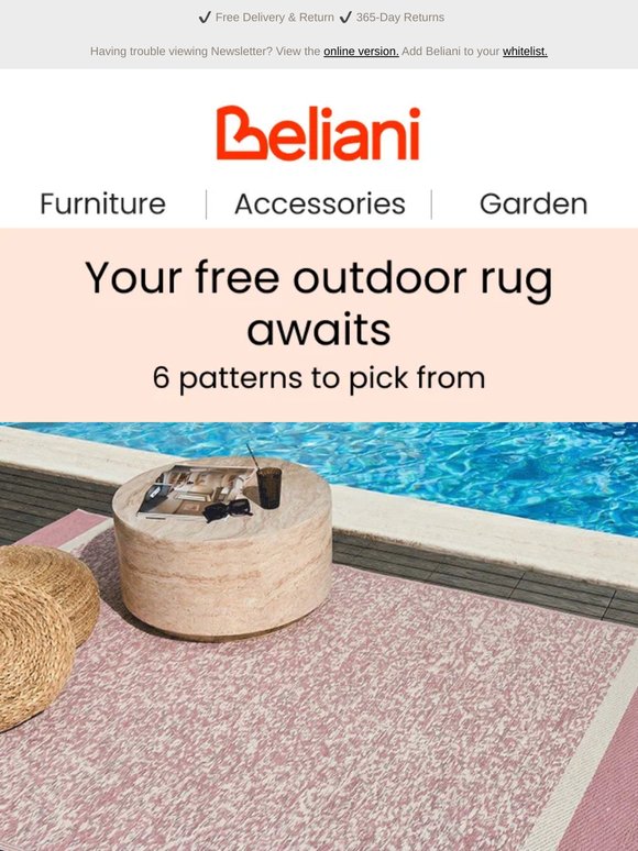 Unroll the comfort. Pick 1 of 6 free outdoor rugs 🌿💚