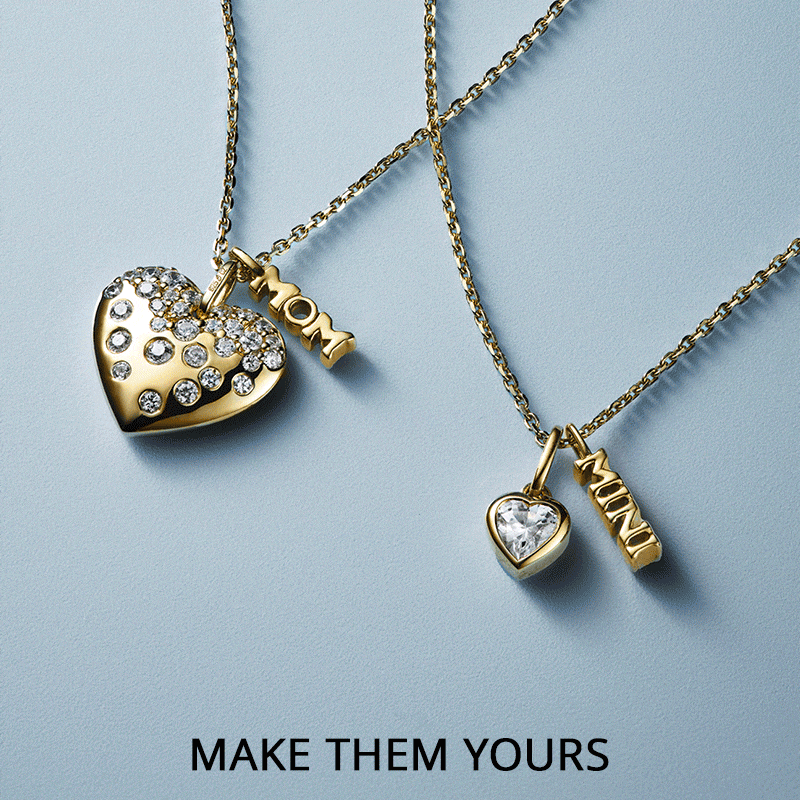 Three frame GIF featuring personalized Mom heart pendants, yellow gold rings, hoop earrings and gemstone rings.