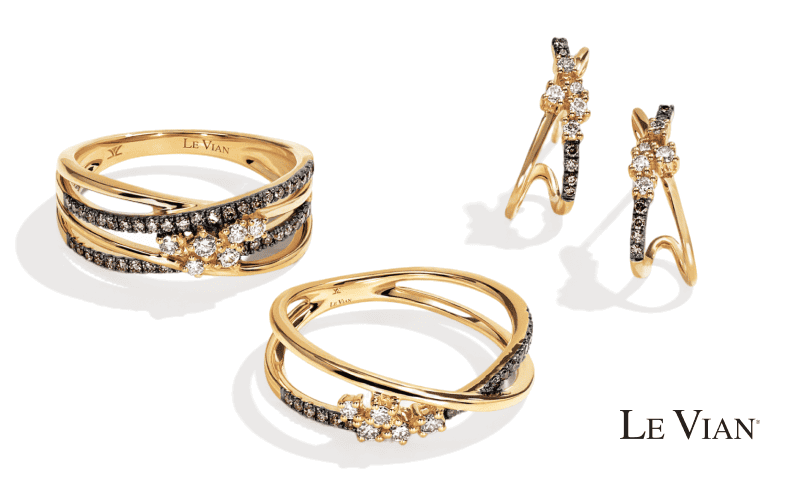 Le Vian gold rings and gold earrings with intertwined bands, featuring white and chocolate diamonds in a crossover style. 