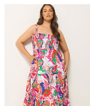 YOURS Curve Pink Abstract Shirred Sundress