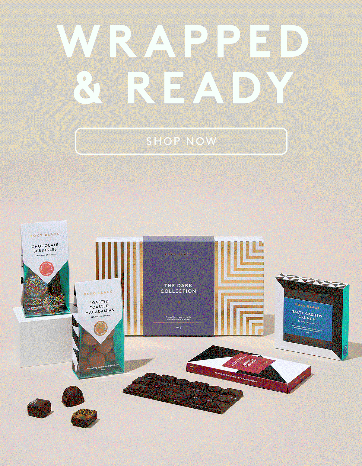 Wrapped and Ready text with Shop Now button above imagery of chocolate hampers