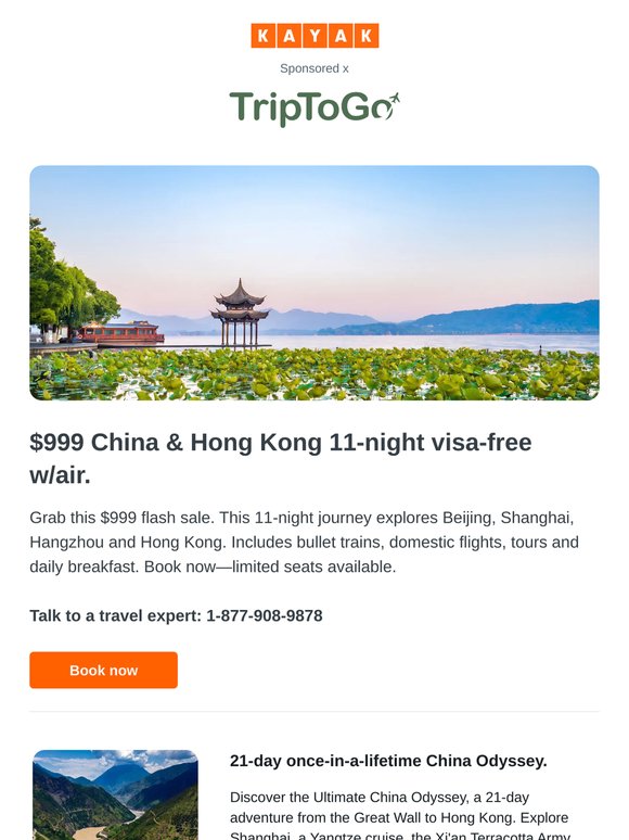 $999 China & Hong Kong 11-Night Visa-free w/air.