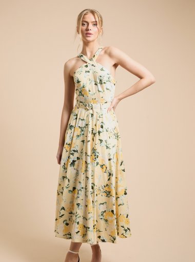 Lemon Floral Halter Cotton Poplin Midi Dress