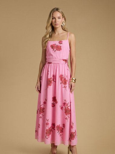 Printed Mesh Strappy Prom Midi Dress